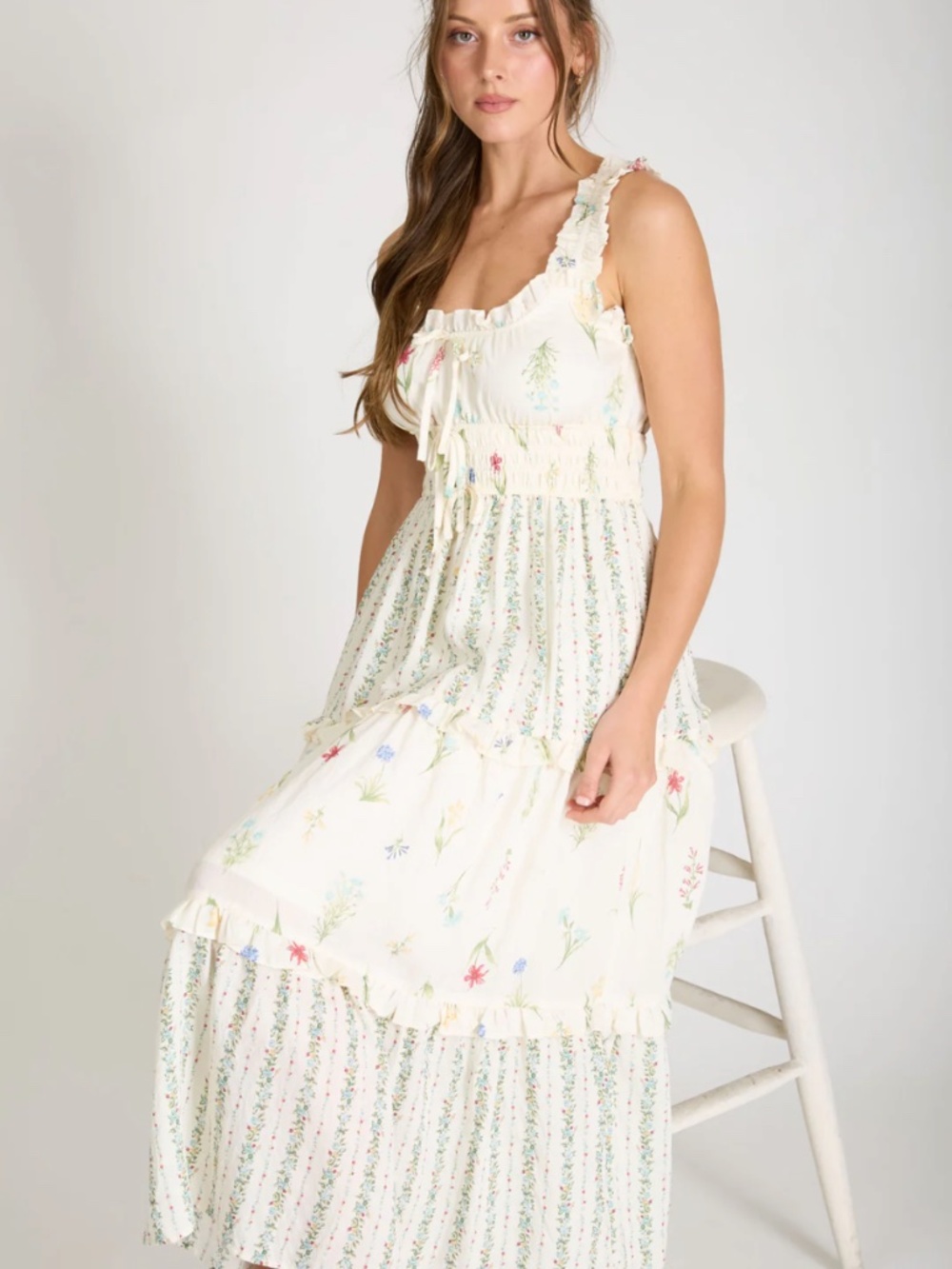 Floral Colorblock Ruffle Tiered Midi Dress Ivory Multi Large NWT - Picture 4 of 8